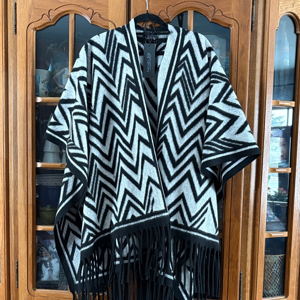 Rachael Zoe  Monochrome Zigzag Poncho with Fringe
